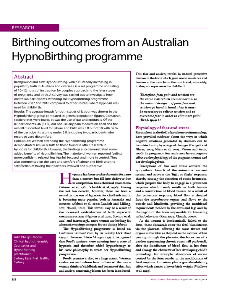 Birthing Outcomes From An Australian Hypnobirthing Programme Hypnotherapy Childbirth