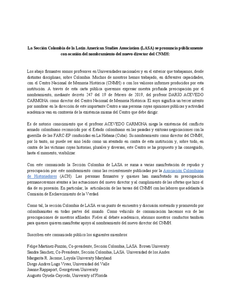 Repudio al nombramiento en el CNMH | PDF | Colombia | Educación avanzada