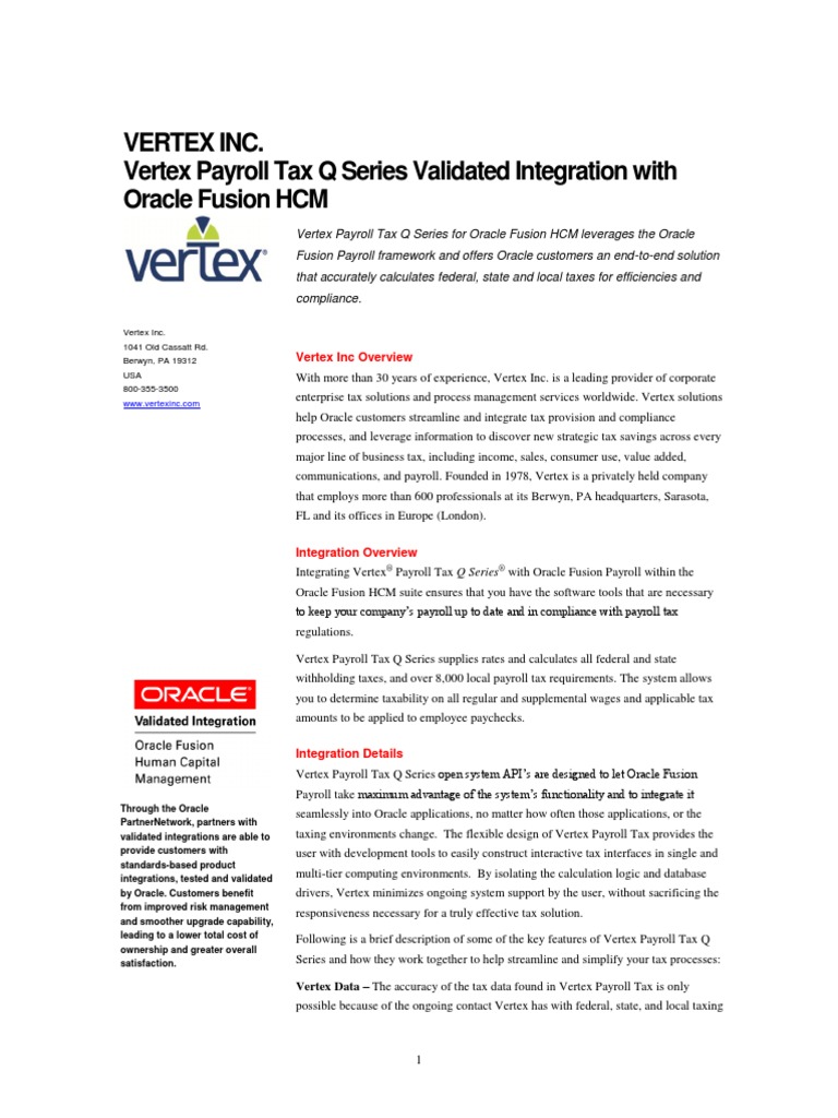 Vertex Payroll Tax Q Series Integration With Oracle Fusion HCM PDF