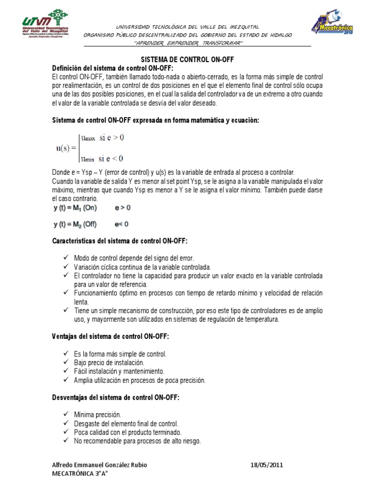 Sistema de Control On Off | PDF | Sistema de control | Ingeniería mecánica