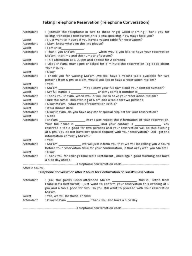 Telephone Reservation Script Sample | PDF | Business