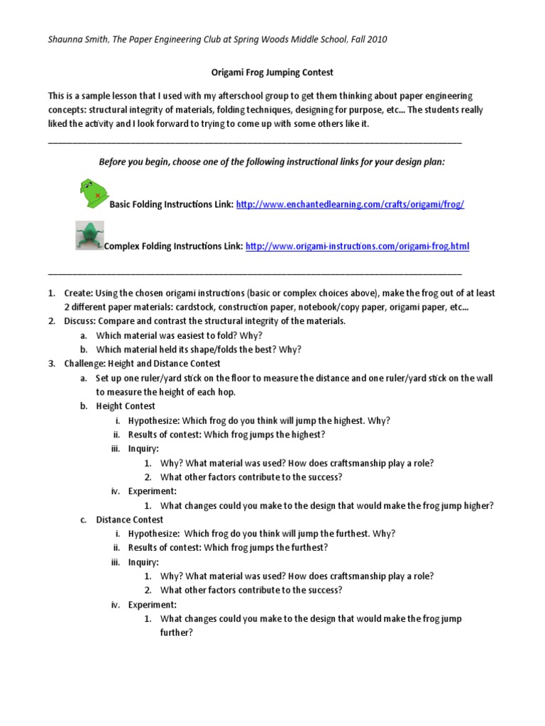 Origami Frog Jumping Contest Guide | PDF | Origami
