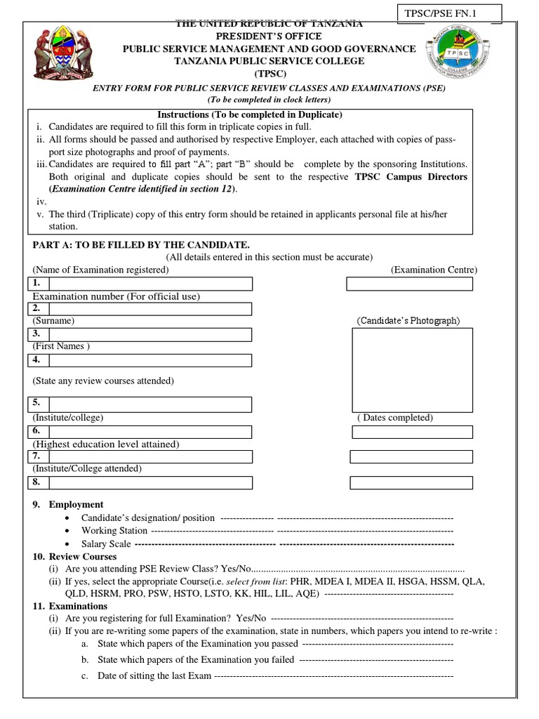 Entry Form For Public Service Review Classes and Examinations (Pse) (To ...