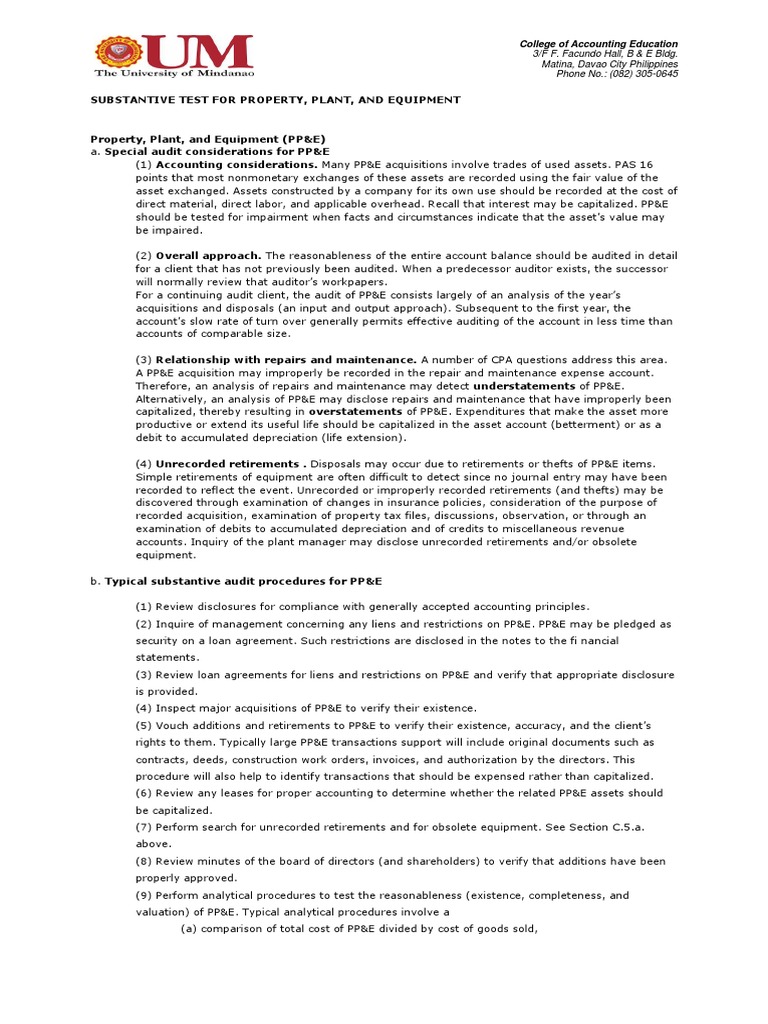 Substantive Test For Property, Plant, and Equipment Download Free PDF Debits And Credits