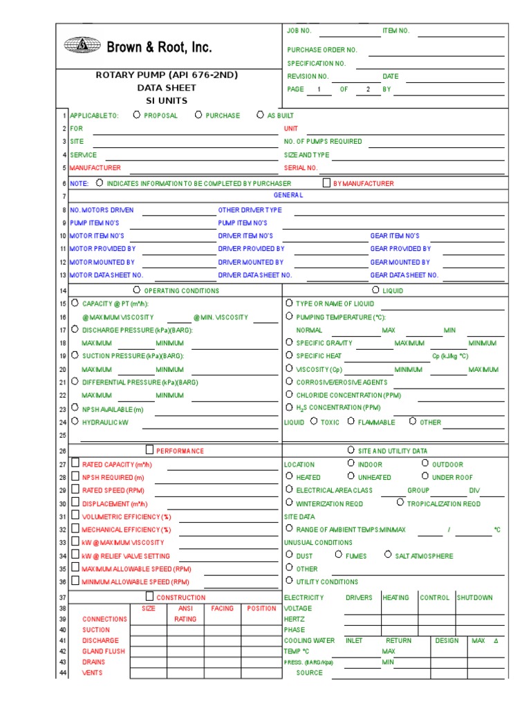 Brown & Root, Inc.: Rotary Pump (Api 676-2Nd) Data Sheet Si Units | PDF ...