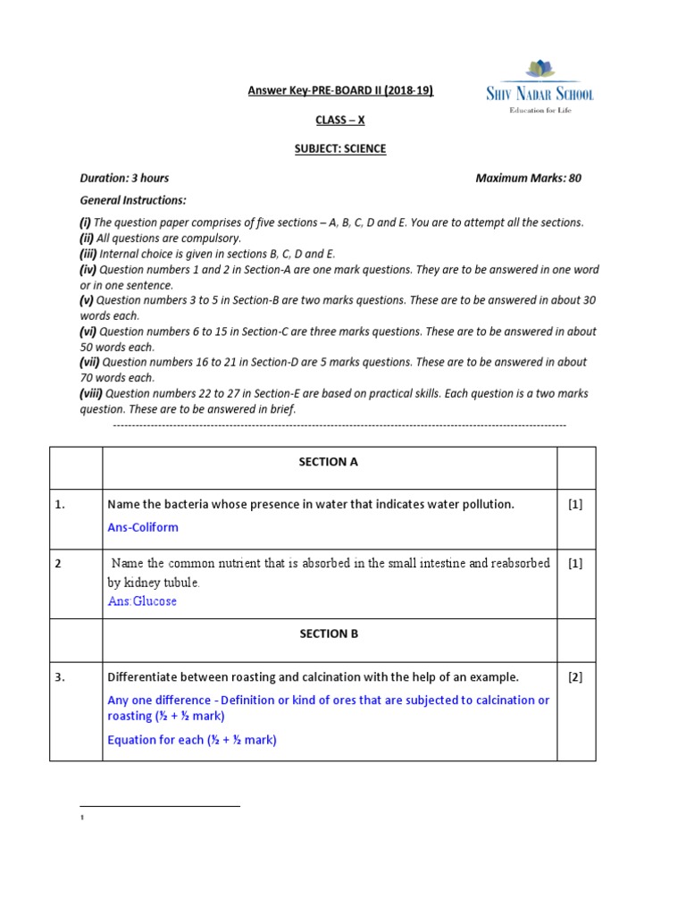 Answer Key Science PRE BOARD II 2018 19 | PDF | Refraction | Electric Motor