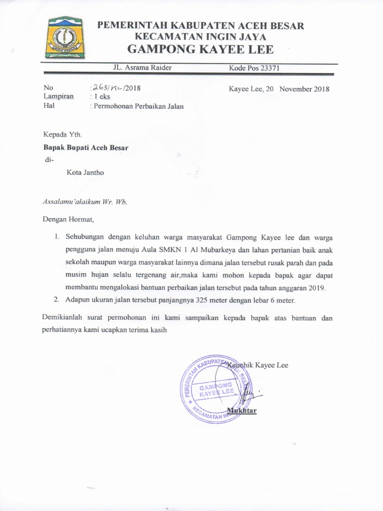 Surat Permohonan Perbaikan Jalan
