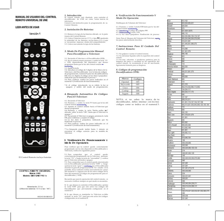 Manual de Control Universal UNE | PDF | Control remoto | Ingeniería de ...
