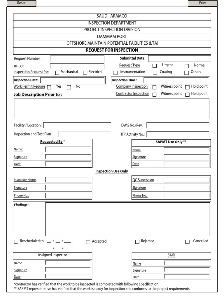 Request For Inspection: Saudi Aramco Project Inspection Division ...
