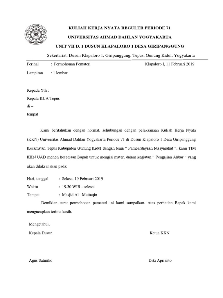 Surat Permohonan Pemateri Kkn