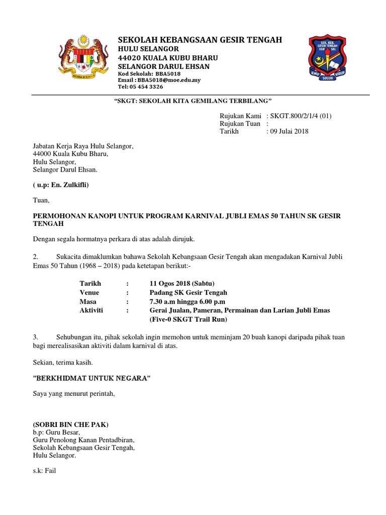Permohonan Kanopi Jubli Emas Jkr Letterhead Sekolah Pdf