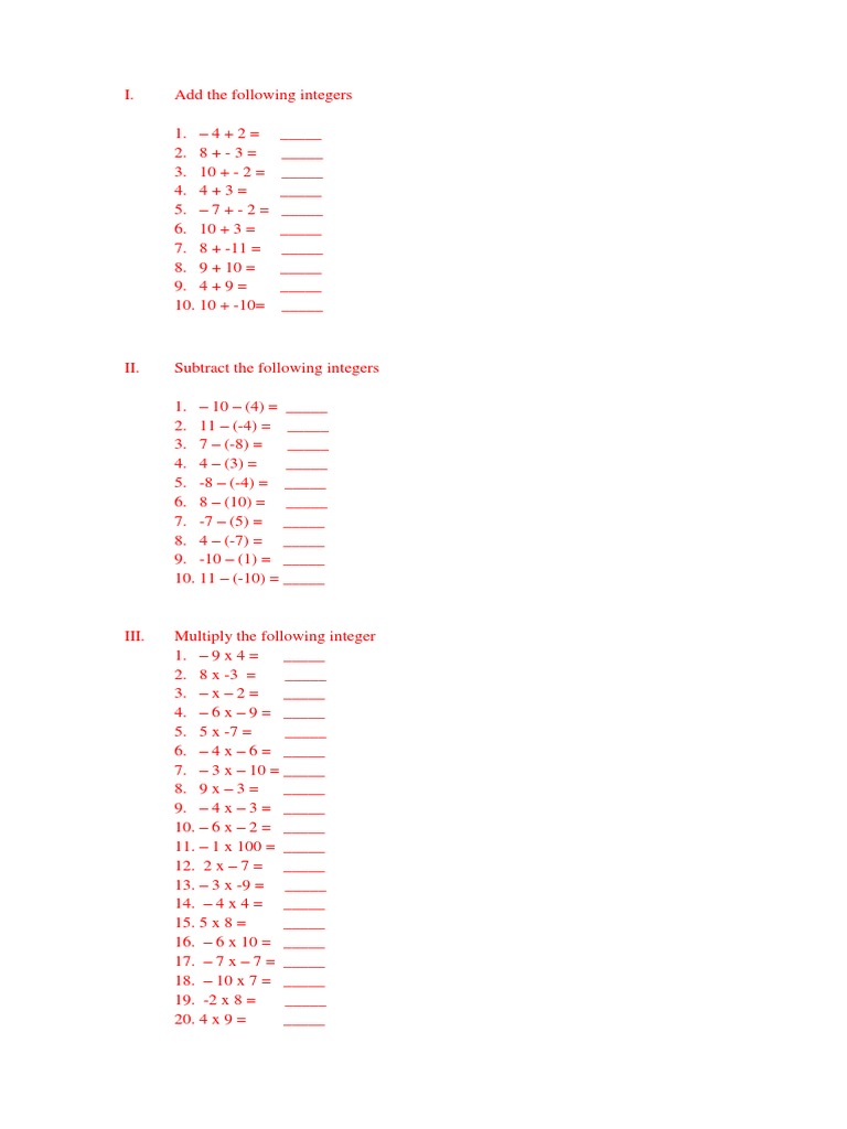 Add The Following Integers | PDF | Integer | Chemistry