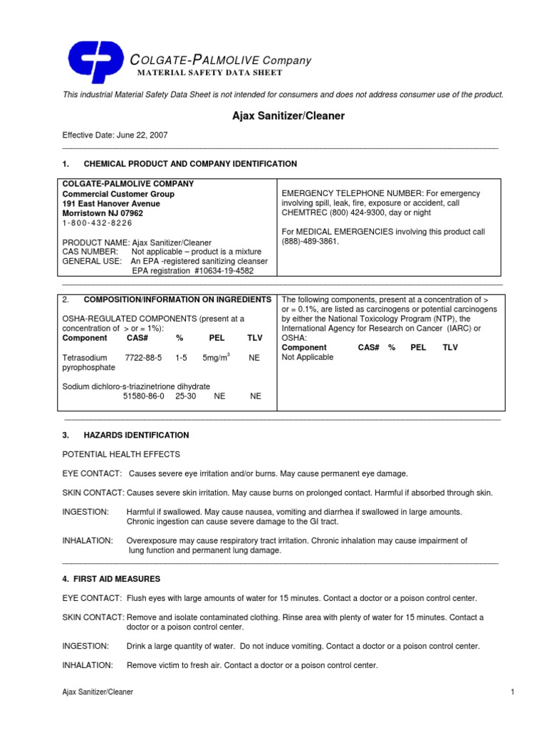 MSDSAjax Sanitizer CleanerPT cp22 Jun 2007 PDF Chlorine