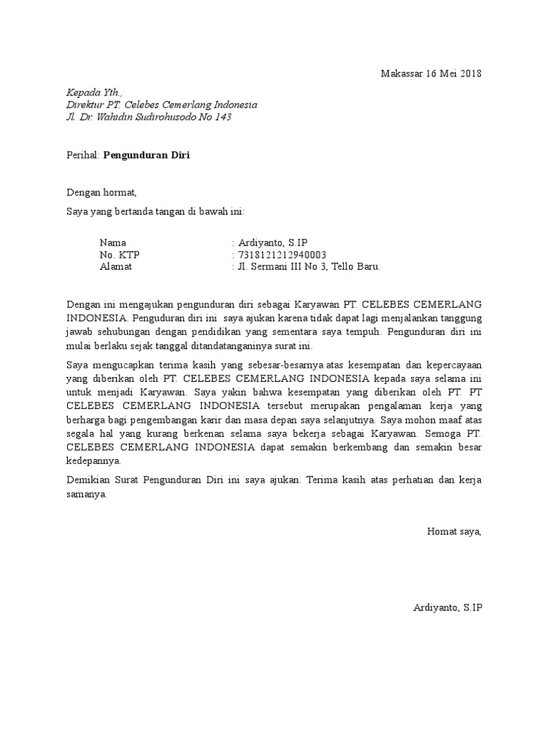 Contoh Surat Pengunduran Diri Direktur Pt  Kumpulan Surat Penting
