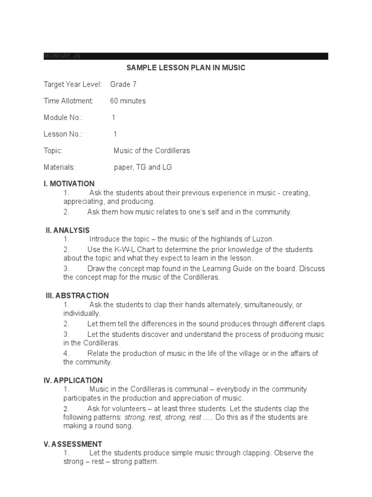 Grade 7 Music Lesson Plan: Cordilleras | PDF | Teachers | Lesson Plan
