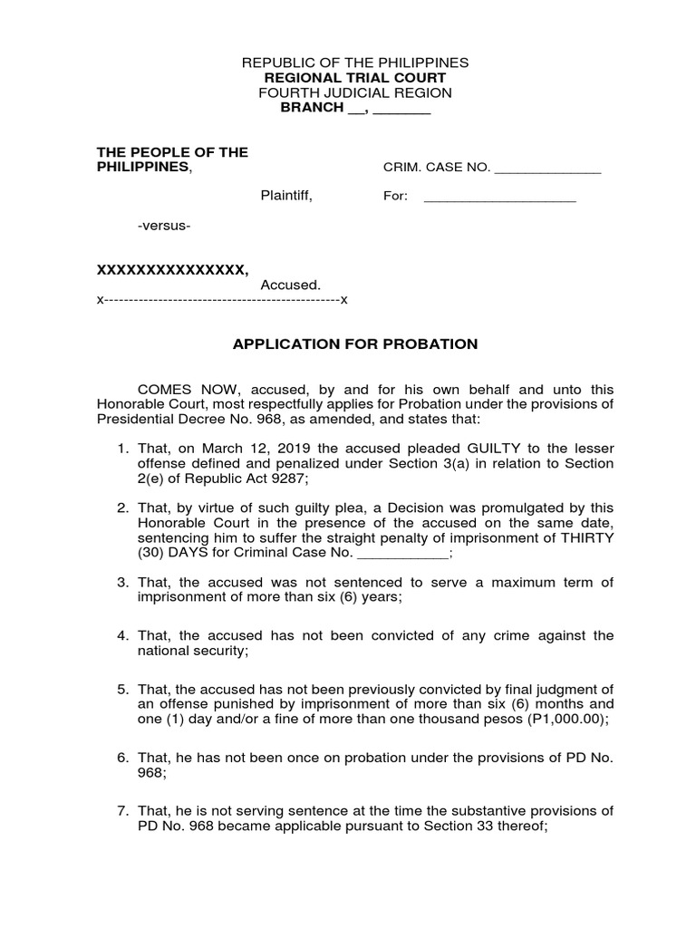 Application for Probation in the Philippines | PDF | Probation ...