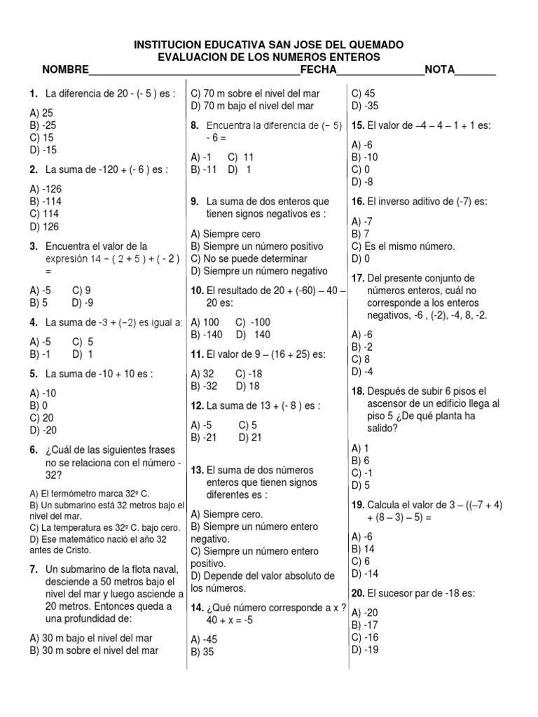 Evaluacion de Suma y Resta de Numeros Enteros | PDF | Entero | Aritmética, image size:768x1024