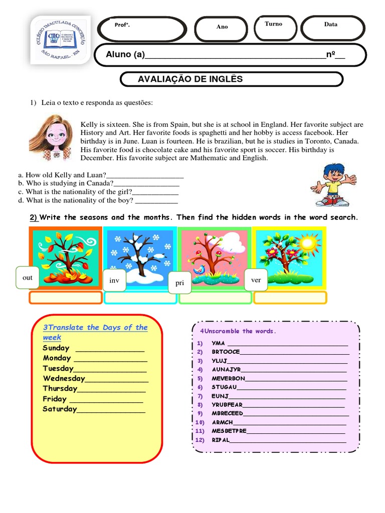 1 Avaliação Do 6 Ano de Inglês | PDF | Leisure