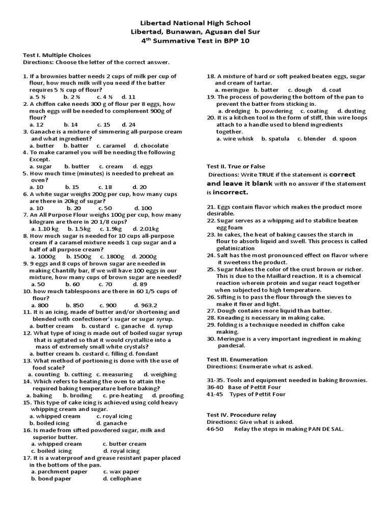 Bread and Pastry Summative Test Cakes Food And Drink Preparation