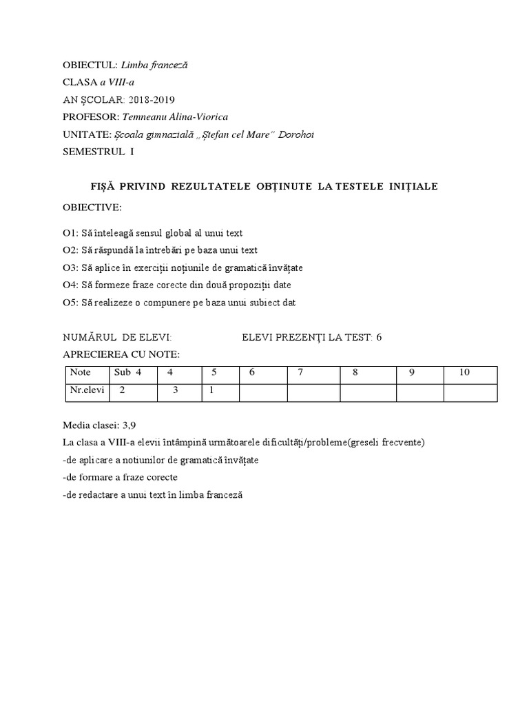 Interpretare Test Initial 2018 2019 | PDF