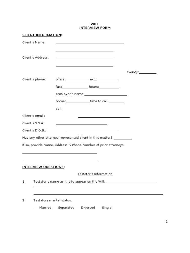 Will Interview Form Client Information | PDF | Law