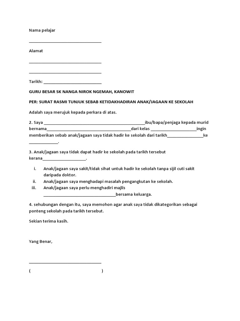 Surat Kebenaran Tidak Hadir Ke Sekolah