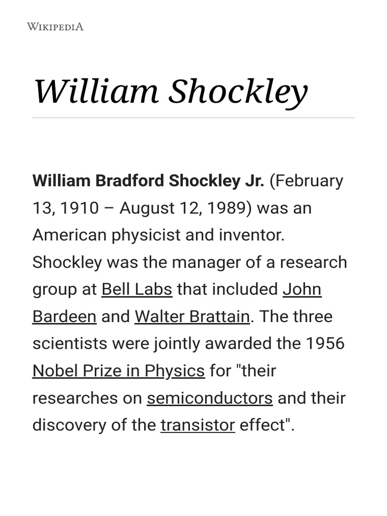 William Shockley: Nobel Physicist and Inventor | PDF | Transistor ...