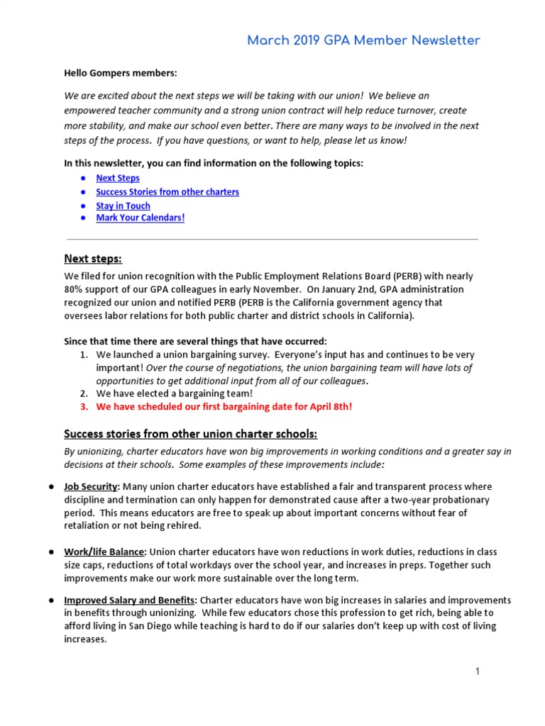 GPA Union Newsletter: March 2019 Updates | PDF | Teachers | Employment