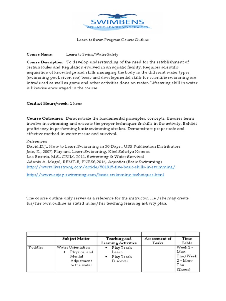Learn to Swim Program Course Specification1 Swimming Water Sports