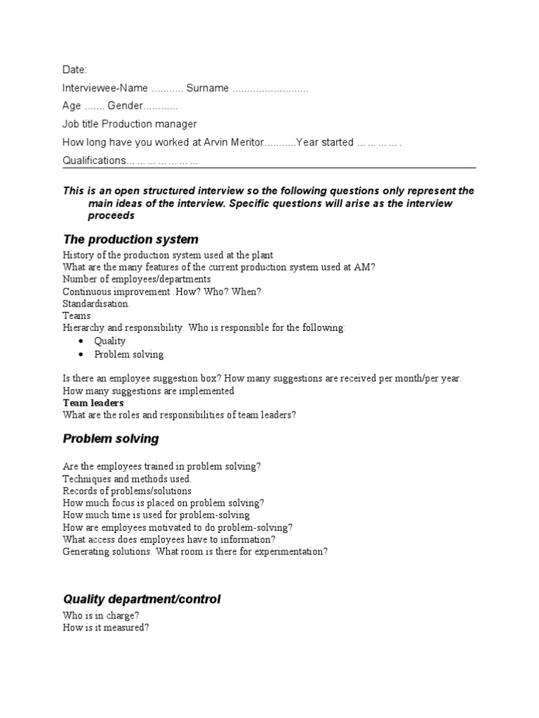 Production Manager Questionnaire Business Cognition