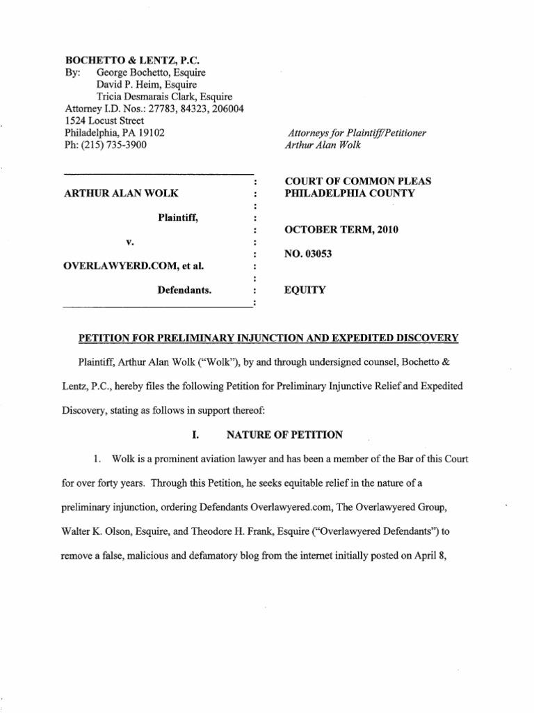 Wolk v. Overlawyered - Petition For Preliminary Injunction | PDF ...