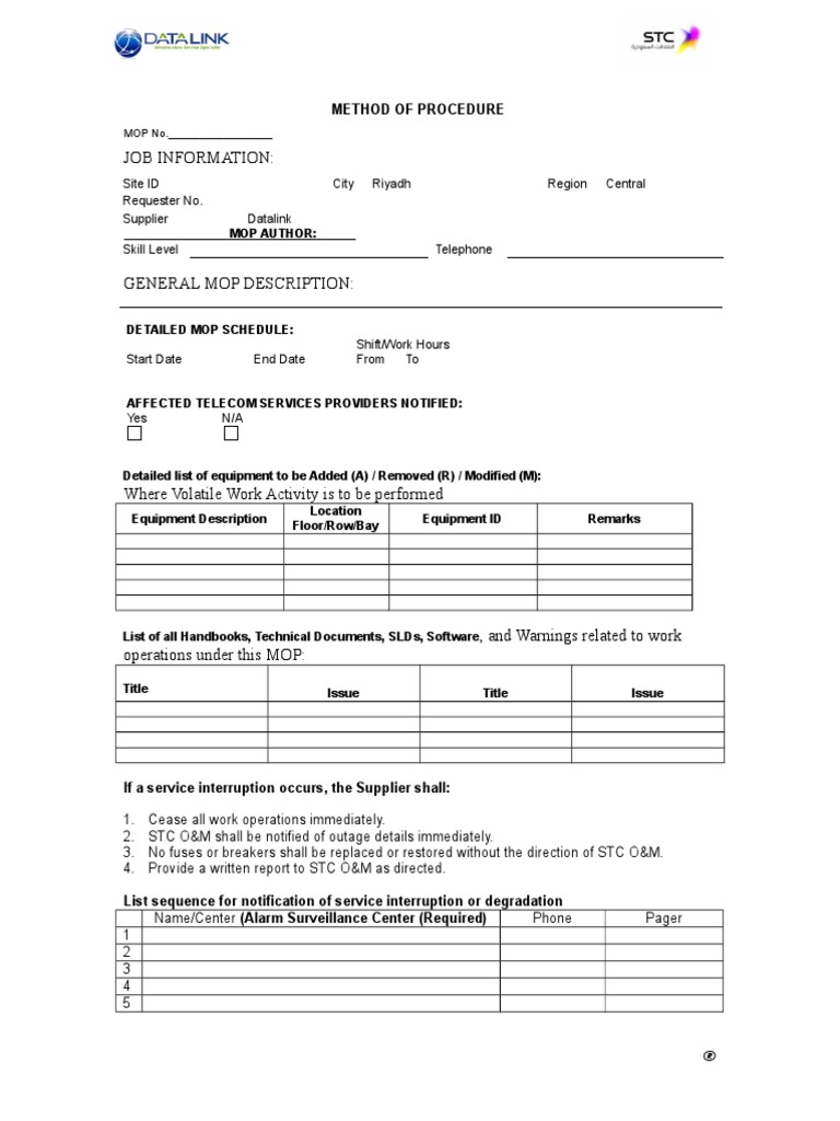 MOP Template PDF Technical Support Reliability Engineering
