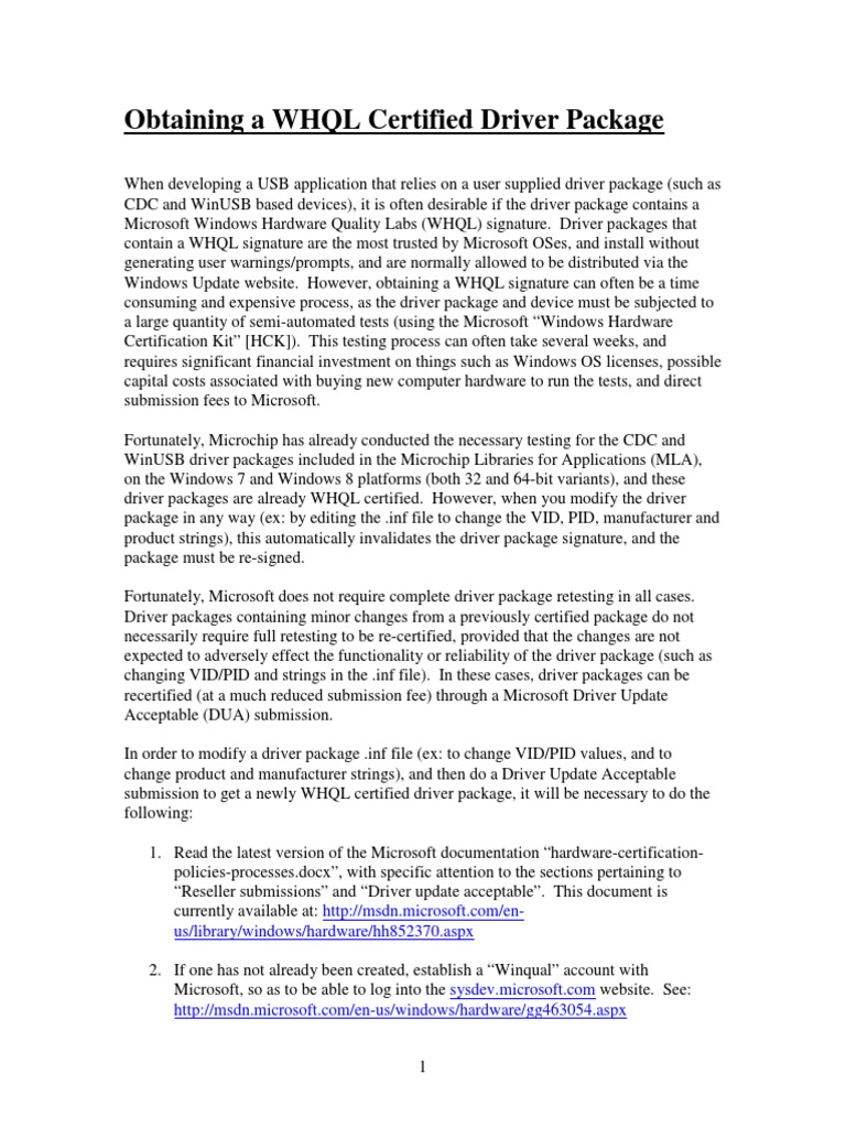 WHQL Certification Process for Drivers | PDF | Device Driver ...