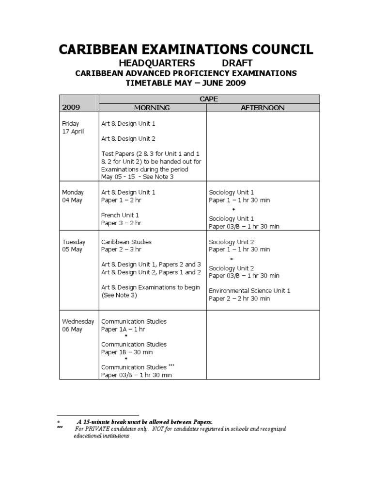 CAPE Exam Timetable 2009 | PDF | Engineering | Test (Assessment)