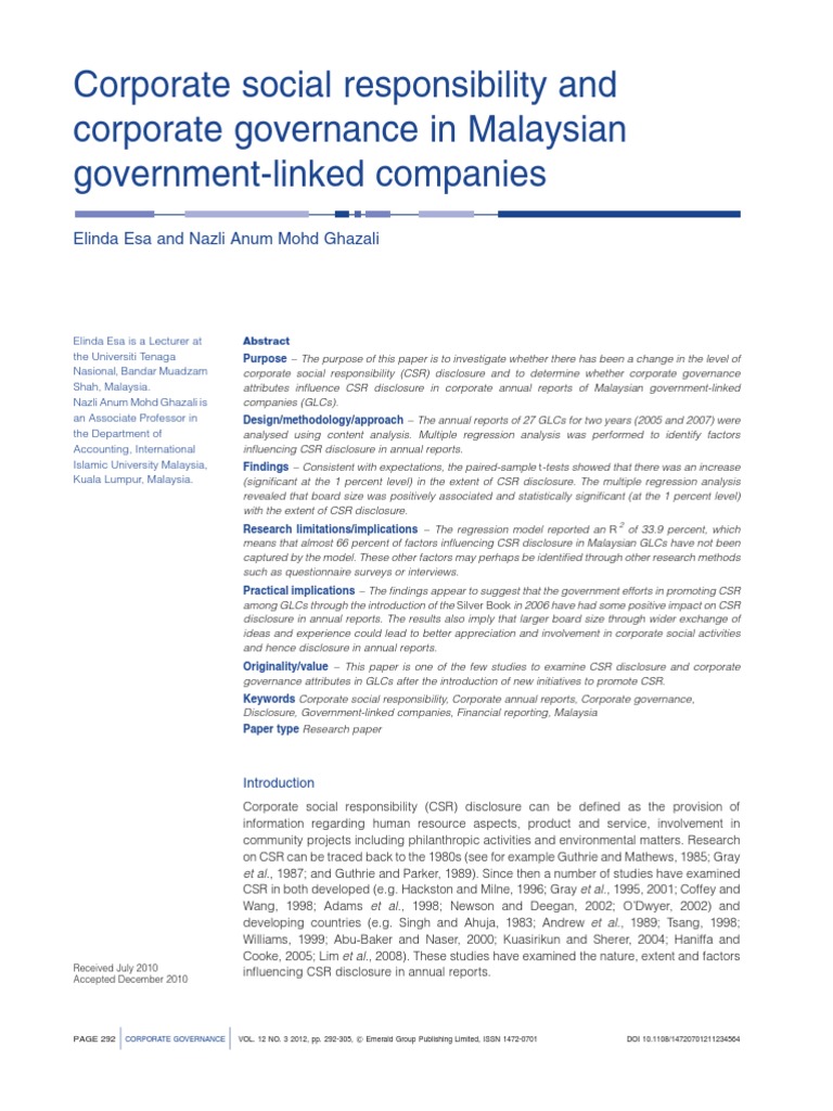 Corporate Social Responsibility and Corporate Governance in Malaysian ...