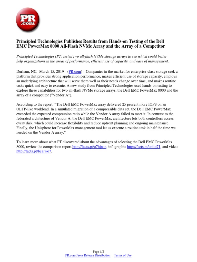 Principled Technologies Publishes Results From Hands On Testing Of The Dell Emc Powermax 8000 All Flash Nvme Array And The Array Of A Competitor Pdf Computer Data Storage Computer Engineering