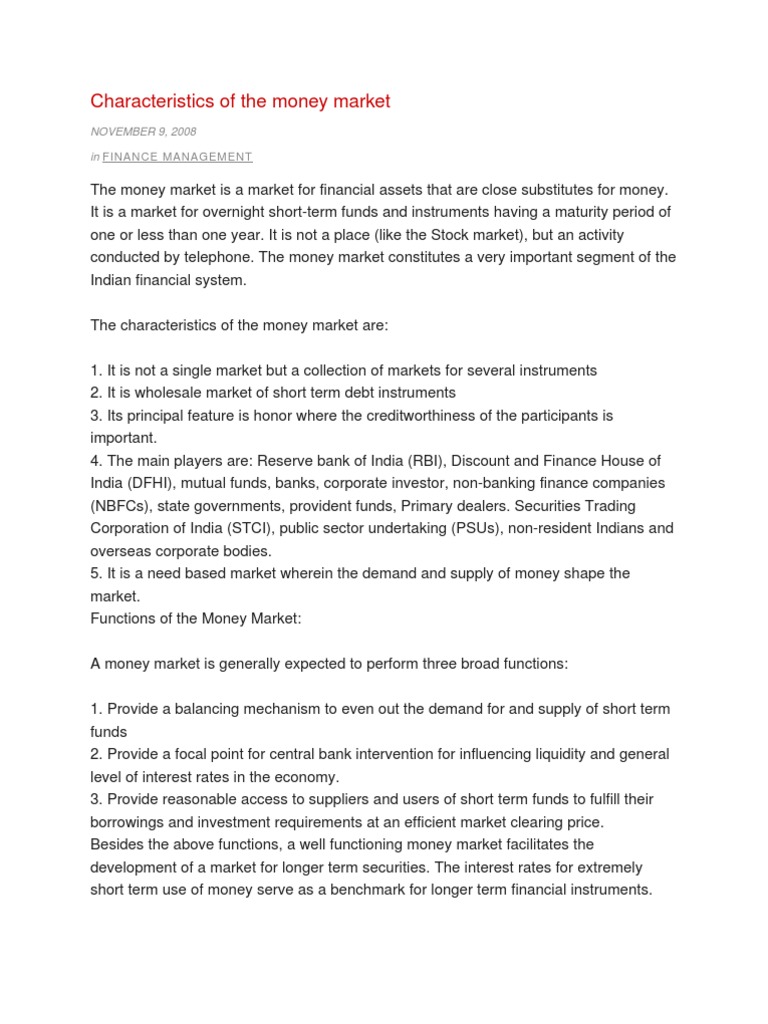 Characteristics and Functions of Money Market | PDF | Financial Markets ...