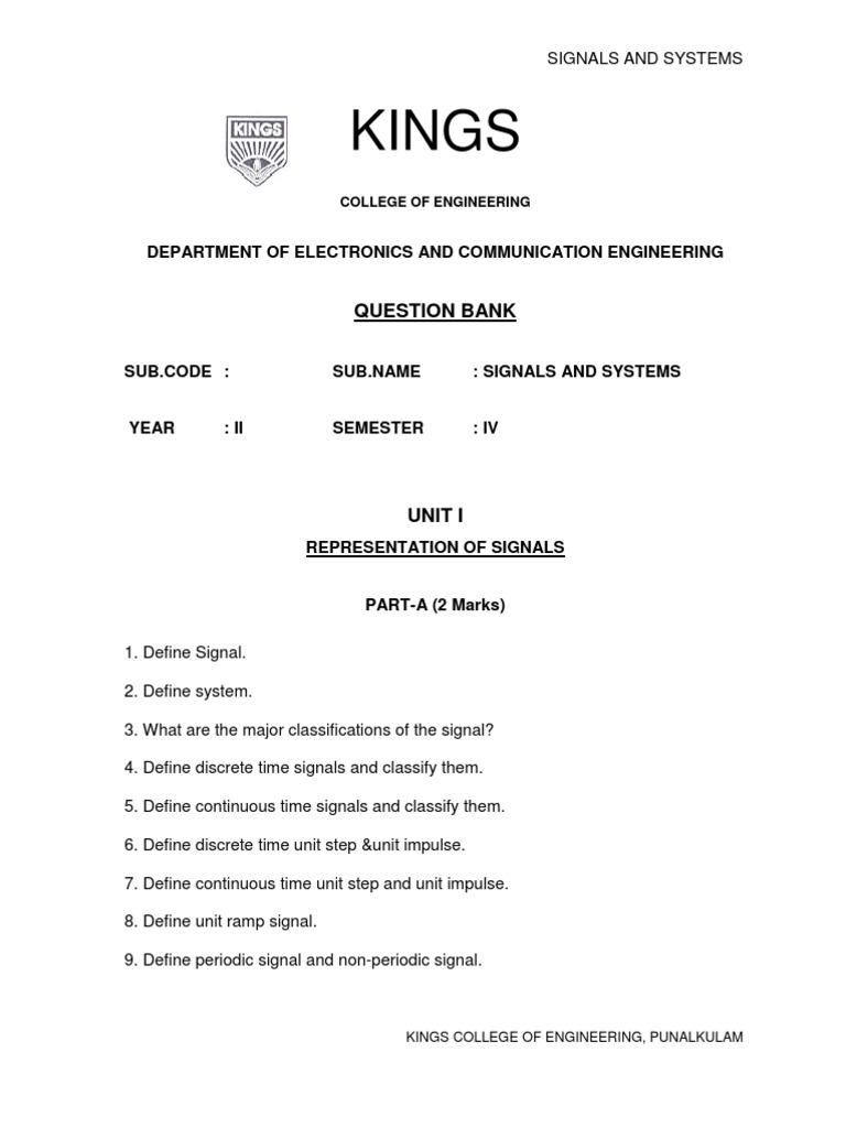 Signals and System Question Bank PDF Laplace Transform Fourier