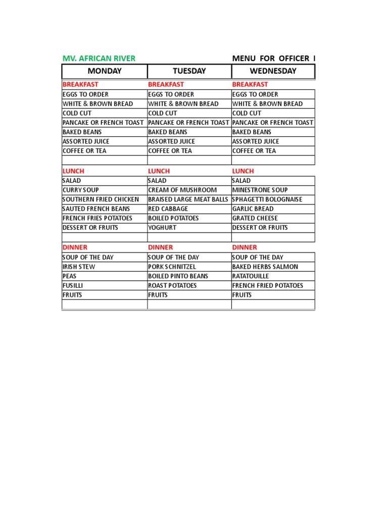 Mv. African River: Menu For Officer Messroom Monday Tuesday Wednesday ...