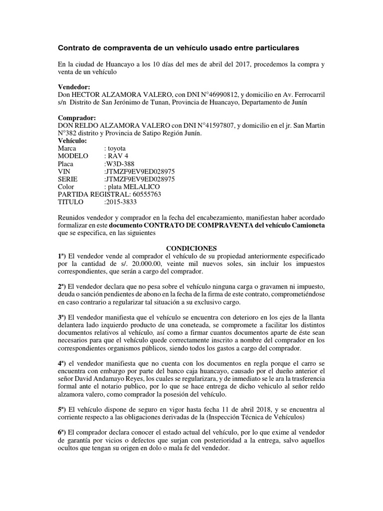 Contrato de Compraventa de Un Vehículo Usado Entre Particulares | PDF |  Gobierno