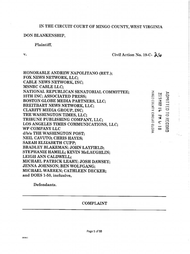 Blankenship v. Napolitano Defamation Lawsuit Filed in West Virginia