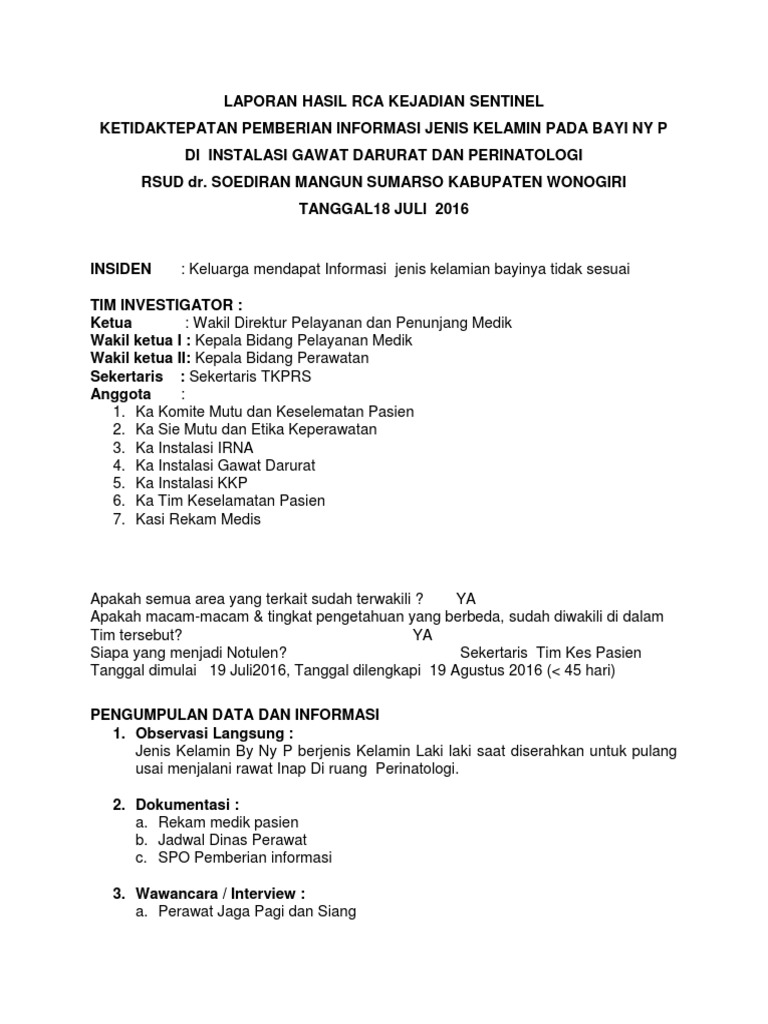 LAPORAN HASIL RCA KEJADIAN Sentineal Salah Identifikasi Bayi | PDF