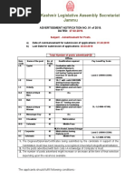 Jammu & Kashmir Legislative Assembly Secretariat Jammu: Advertisement Notification No. 01 of 2019. Dated