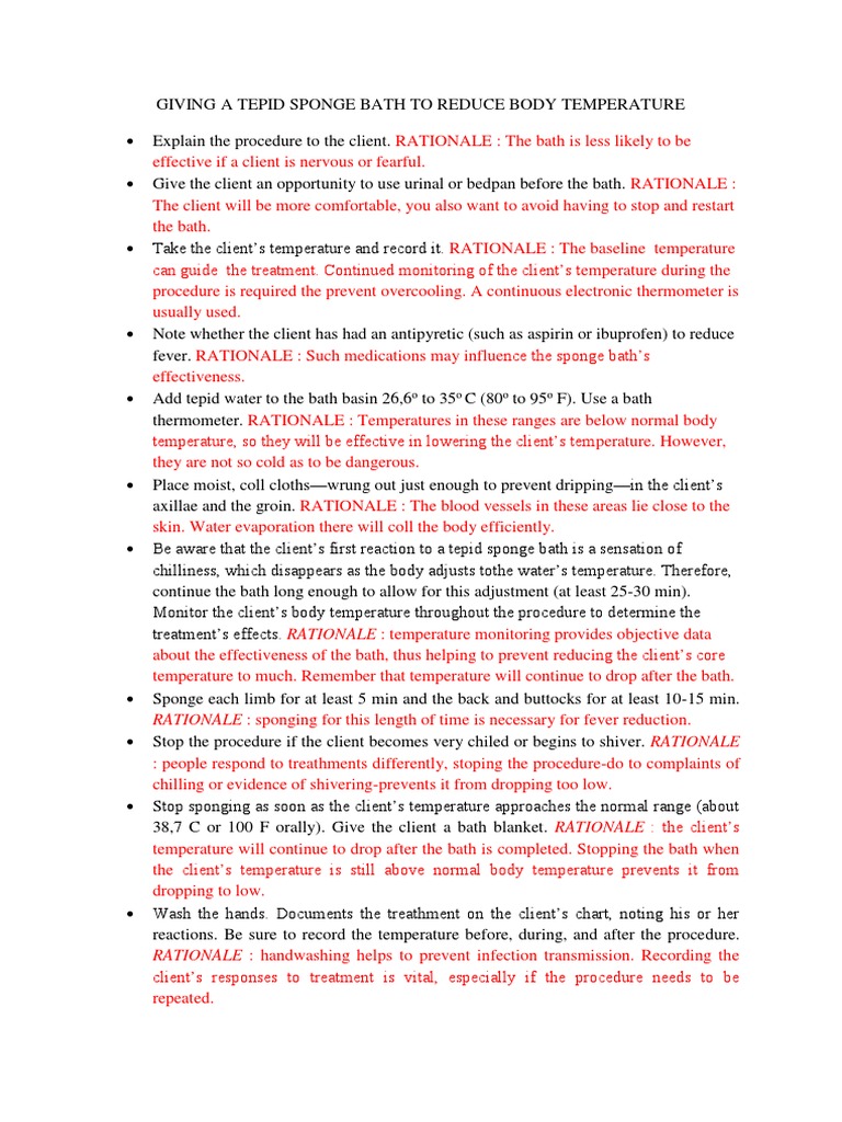 Giving A Tepid Sponge Bath To Reduce Body Temperature PDF Fever