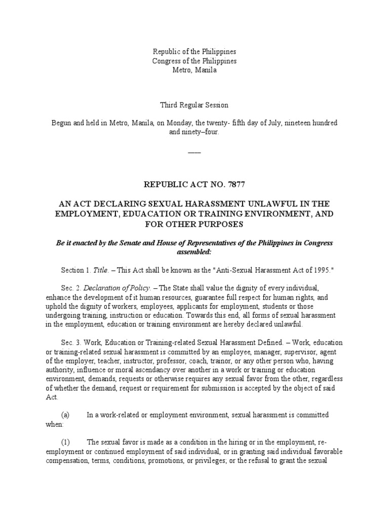 RA 7877 - Anti-Sexual Harassment Law PDF | PDF