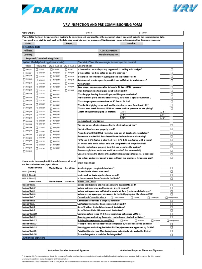 Daikin VRV Pre-Commissioning Checklist | PDF | Electrical Wiring ...