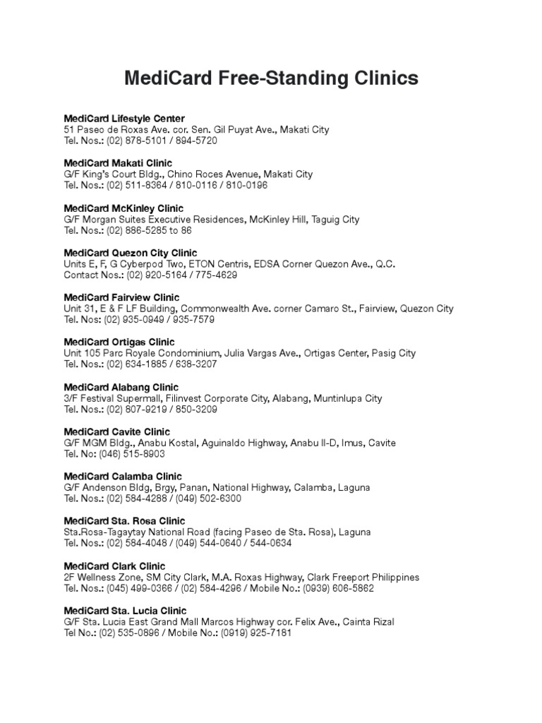 Medicard Free Standing Clinics PDF Makati Metro Manila