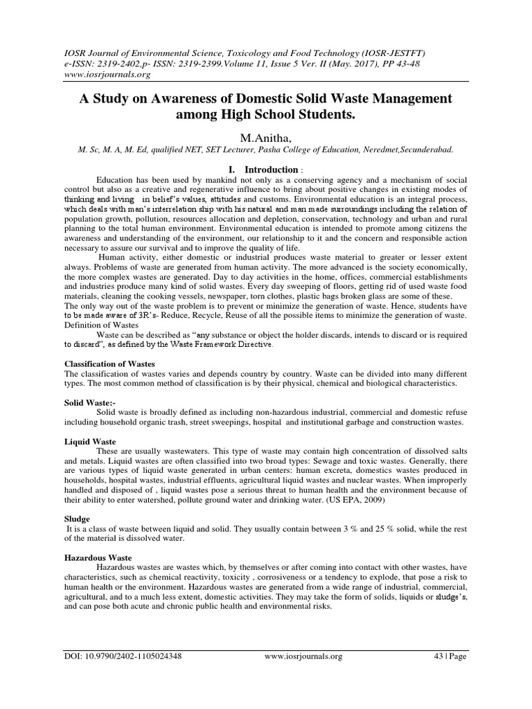 A Study On Awareness Of Domestic Solid Waste Management Among High