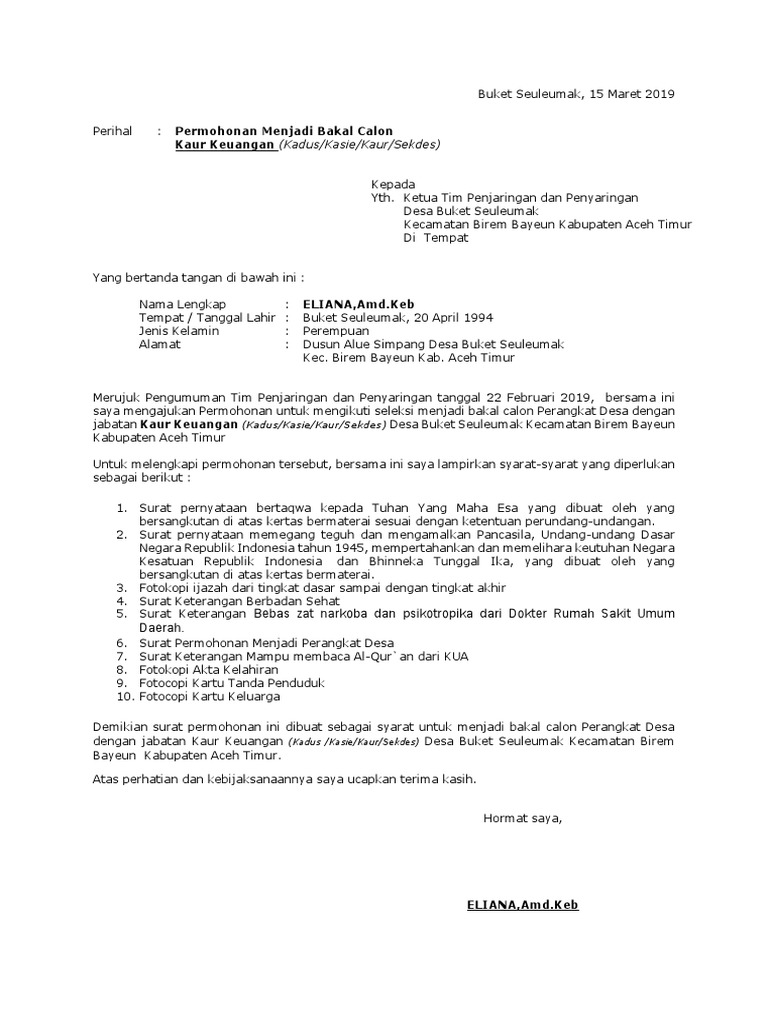Contoh Surat Permohonan Menjadi Calon Perangkat Desa