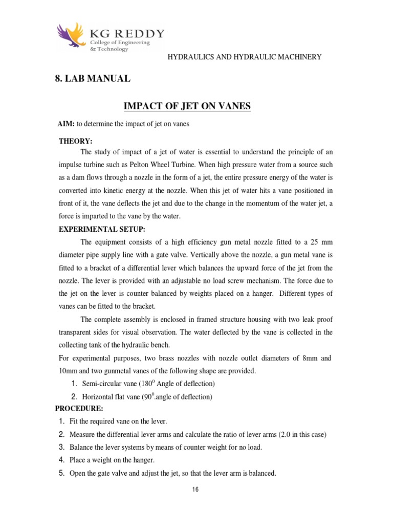 Lab Manual: AIM: To Determine The Impact of Jet On Vanes Theory | PDF ...